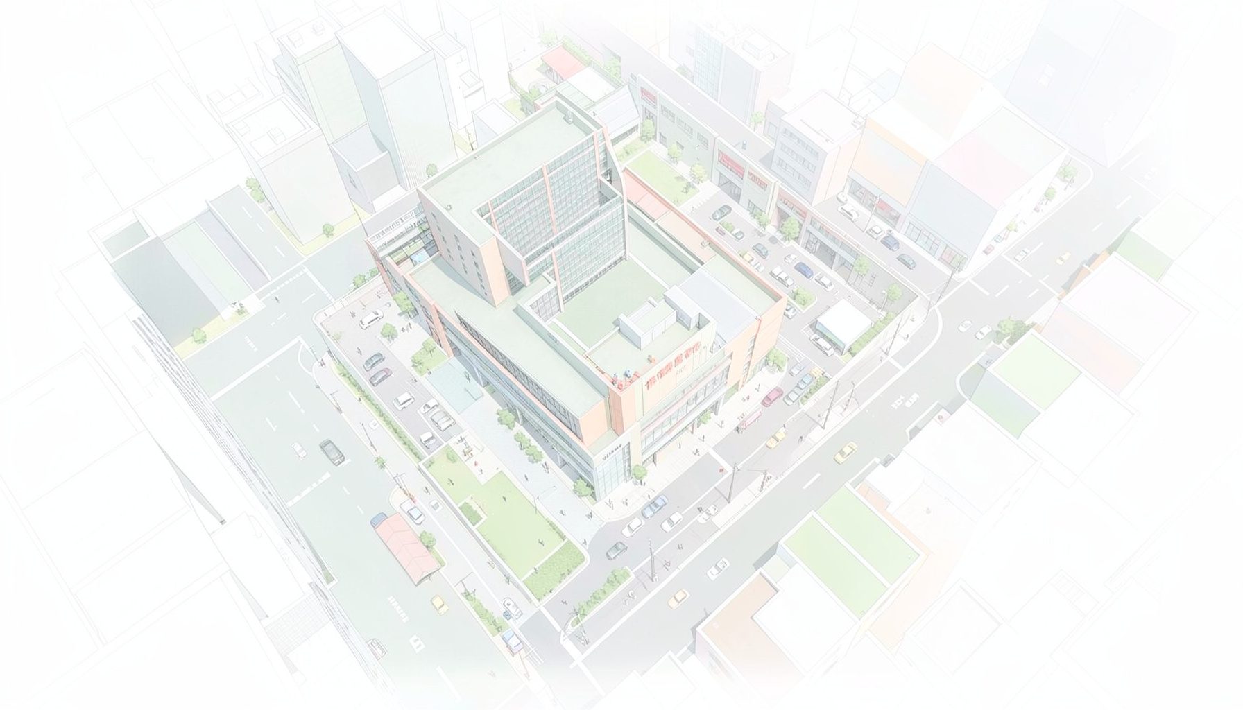 赤坂駅周辺を上から俯瞰した地図。国際新赤坂ビル東館の位置をピンで示し、グレーの地形にグリーンで植生を表現した、落ち着いた色調の案内図。